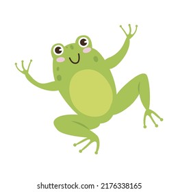 Cute Frog Cartoon Character Vector Illustration. Green Toad Jumping And Catching Dragonflies Isolated On White