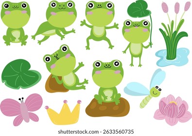 Cute frog cartoon characters illustrations set