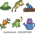 Cute Frog Cartoon Clipart Set, Green Frog Vector Collection, Funny Amphibian Illustrations