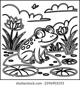 Cute Frog cartoon coloring page for kids 