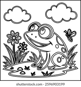 Cute Frog cartoon coloring page for kids 