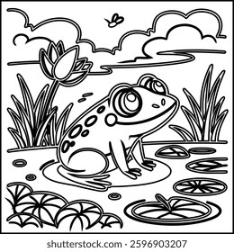 Cute Frog cartoon coloring page for kids 