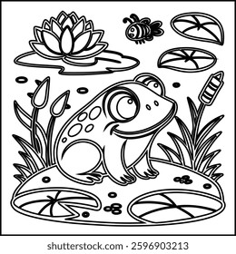 Cute Frog cartoon coloring page for kids 
