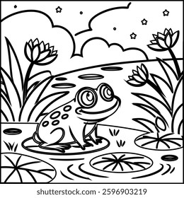Cute Frog cartoon coloring page for kids 