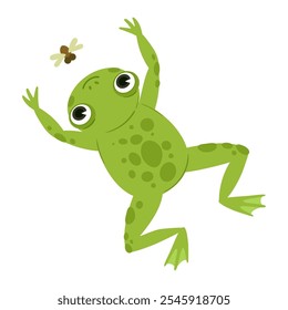 Cute frog. Cartoon green frog hunting an insect, wildlife water froglet animal flat vector illustration. Funny amphibian