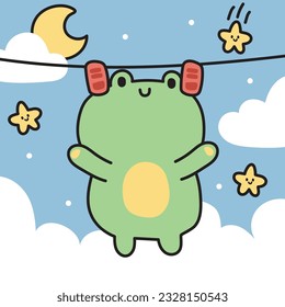 Cute frog cartoon hang on cloths line sky background.Reptile animal character design.Moon and star hand drawn.Kawaii.Vector.Illustration.
