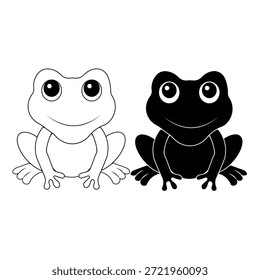 Ilustração de desenho animado sapo bonito em estilo preto e branco simples. Personagem de rã sorridente com design mínimo isolado em fundo branco. Adequado para crianças ilustração conteúdo educativo mascote design adesivo e uso de impressão.