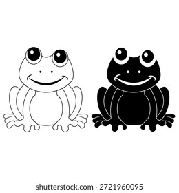 Ilustração de desenho animado sapo bonito em estilo preto e branco simples. Personagem de rã sorridente com design mínimo isolado em fundo branco. Adequado para crianças ilustração conteúdo educativo mascote design adesivo e uso de impressão.