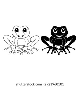 Ilustração de desenho animado sapo bonito em estilo preto e branco simples. Personagem de rã sorridente com design mínimo isolado em fundo branco. Adequado para crianças ilustração conteúdo educativo mascote design adesivo e uso de impressão.