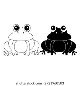 Niedlicher Frosch Cartoon Illustration in einfachen schwarz-weißen Stil. Lächelnder Froschcharakter mit minimalem Design einzeln auf weißem Hintergrund. Geeignet für Kinder Illustration pädagogische Inhalte Maskottchen Design Aufkleber und Print-Nutzung.