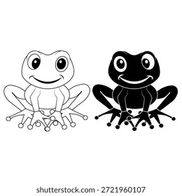 Linda ilustración de dibujos animados de rana en estilo simple en blanco y negro. Carácter sonriente de la rana con diseño mínimo aislado en el fondo blanco. Adecuado para niños ilustración contenido educativo diseño de mascotas pegatina y uso de impresión.