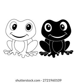 Ilustração de desenho animado sapo bonito em estilo preto e branco simples. Personagem de rã sorridente com design mínimo isolado em fundo branco. Adequado para crianças ilustração conteúdo educativo mascote design adesivo e uso de impressão.