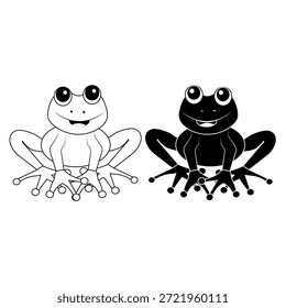 Linda ilustración de dibujos animados de rana en estilo simple en blanco y negro. Carácter sonriente de la rana con diseño mínimo aislado en el fondo blanco. Adecuado para niños ilustración contenido educativo diseño de mascotas pegatina y uso de impresión.