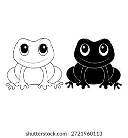 Linda ilustración de dibujos animados de rana en estilo simple en blanco y negro. Carácter sonriente de la rana con diseño mínimo aislado en el fondo blanco. Adecuado para niños ilustración contenido educativo diseño de mascotas pegatina y uso de impresión.