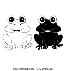 Linda ilustración de dibujos animados de rana en estilo simple en blanco y negro. Carácter sonriente de la rana con diseño mínimo aislado en el fondo blanco. Adecuado para niños ilustración contenido educativo diseño de mascotas pegatina y uso de impresión.