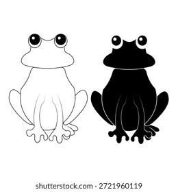 Linda ilustración de dibujos animados de rana en estilo simple en blanco y negro. Carácter sonriente de la rana con diseño mínimo aislado en el fondo blanco. Adecuado para niños ilustración contenido educativo diseño de mascotas pegatina y uso de impresión.