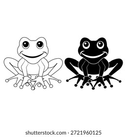 Linda ilustración de dibujos animados de rana en estilo simple en blanco y negro. Carácter sonriente de la rana con diseño mínimo aislado en el fondo blanco. Adecuado para niños ilustración contenido educativo diseño de mascotas pegatina y uso de impresión.