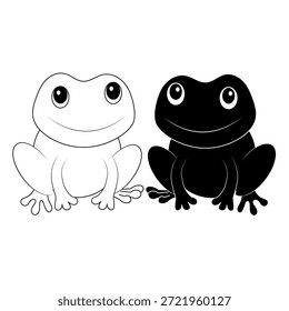 Ilustração de desenho animado sapo bonito em estilo preto e branco simples. Personagem de rã sorridente com design mínimo isolado em fundo branco. Adequado para crianças ilustração conteúdo educativo mascote design adesivo e uso de impressão.