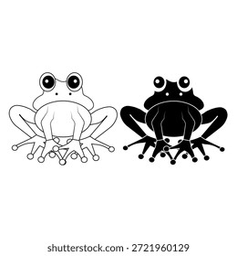 Niedlicher Frosch Cartoon Illustration in einfachen schwarz-weißen Stil. Lächelnder Froschcharakter mit minimalem Design einzeln auf weißem Hintergrund. Geeignet für Kinder Illustration pädagogische Inhalte Maskottchen Design Aufkleber und Print-Nutzung.