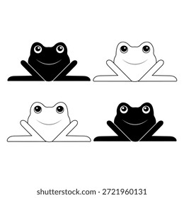 Linda ilustración de dibujos animados de rana en estilo simple en blanco y negro. Carácter sonriente de la rana con diseño mínimo aislado en el fondo blanco. Adecuado para niños ilustración contenido educativo diseño de mascotas pegatina y uso de impresión.