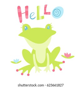 Cute Frog cartoon and inscription Hello