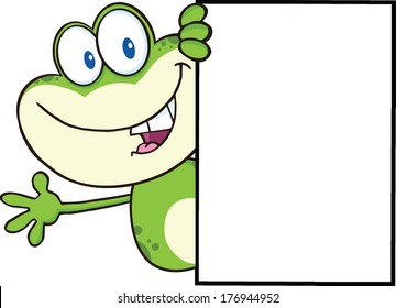 Cute Frog Cartoon Mascot Character Looking Around A Blank Sign And Waving. Vector Illustration Isolated on white