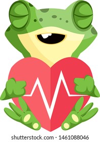 Cute frog cartoon mascot in love, holding heart, illustration, vector on white background.