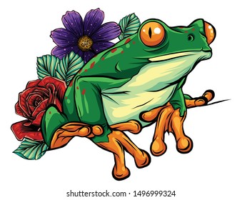 Cute frog cartoon. Cartoon frog sitting with flower, Vector illustration