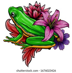 Cute frog cartoon. Cartoon frog sitting with flower, Vector illustration