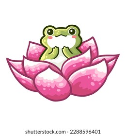 cute frog cartoon sitting on a lotus flower. vector illustration on white background.