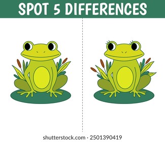 Cute frog in cartoon style. Find 5 differences. Educational matching animal game for children. Printable worksheet with solution for school and preschool.