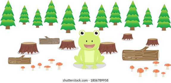 Cute frog cartoon with tree and mushroom background
