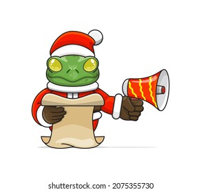 cute frog cartoon, wearing santa costume holding megaphone and reading script, cute animal character wearing christmas costume, front view. kawaii and simple style, suitable for christmas content
