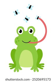 Niedlicher Frosch fängt Mücken mit seiner Zunge. Kinder Handgezeichnete, flache Vektorgrafik.