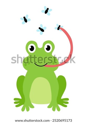 Cute frog catches midges with his tongue. Children Hand drawn vector flat illustration.