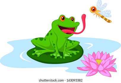 Cute frog catching dragonfly