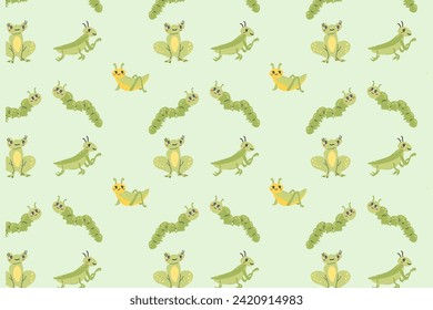 Froschfrosch und Raupe, Grasshoperinsektenmuster. Vektorgrafik auf grünem Hintergrund. Kann im Sommer verwendet werden, Frühlingshintergründe, Deckendesign. 