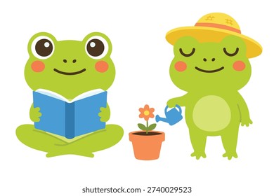 Cute Frog Character Activity Set, Kawaii Green Toad Reading Book and Watering Flower Vector Illustration, Adorable Garden Animal Mascot for Kids