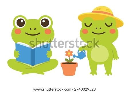 Cute Frog Character Activity Set, Kawaii Green Toad Reading Book and Watering Flower Vector Illustration, Adorable Garden Animal Mascot for Kids