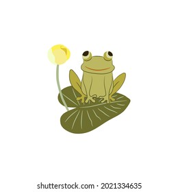 Cute frog character. The amphibian sits on a leaf with a water lily in a swamp and smiles. Funny childrens vector illustration. Flat animal isolated on white background. Design for book, card, poster.