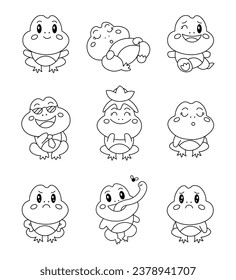 Cute frog character. Coloring Page. Kawaii toad different poses and emotions, love, joy, sadness, anger. Vector drawing. Collection of design elements.