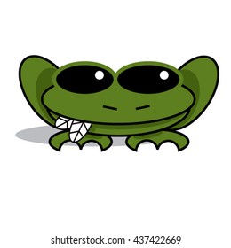 Cute frog character eating a fly. Isolated on white background. For web, t-shirts, and print projects.