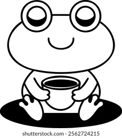 Cute frog character holding cup, sitting happily on surface