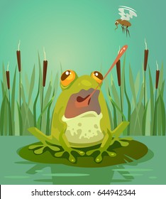 Cute frog character hunt on mosquitoes. Vector flat cartoon illustration