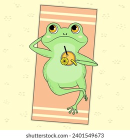 Cute frog character lying on a beach, sunbathing and drinking cocktail. Fun happy cartoon green toad. Top view summer flat vector illustration