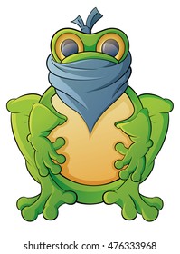 cute frog character sitting with a scarf on her face, frog cowboy