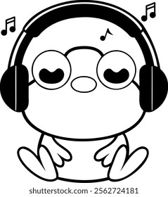 Cute frog character wearing headphones and enjoying music