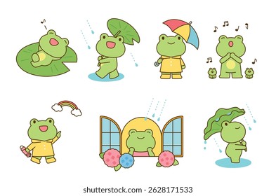 Cute frog characters enjoying rainy weather with umbrellas, raincoats, singing, and hydrangeas. Adorable cartoon scenes perfect for spring or monsoon themes.