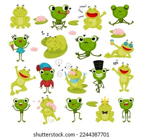 Cute frog characters set. Adorable funny little frog jumping, croaking, catching flies and sleeping cartoon vector