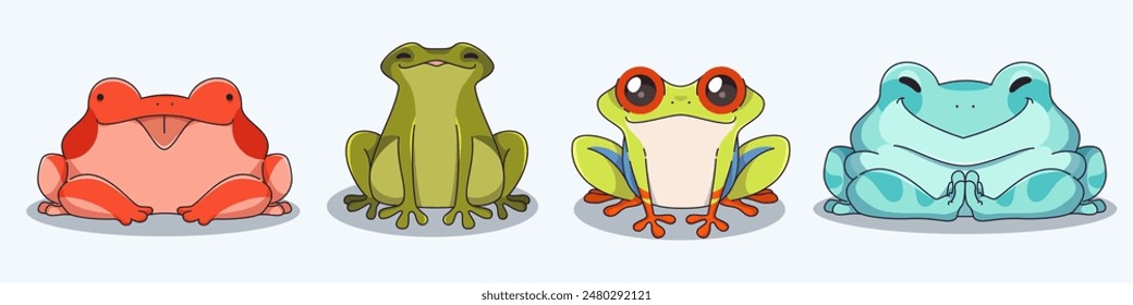 Cute frog characters set isolated on white background. Contemporary vector cartoon illustration of red, green, turquoise toads with funny smiling faces, comic mascots, lake or swamp design elements